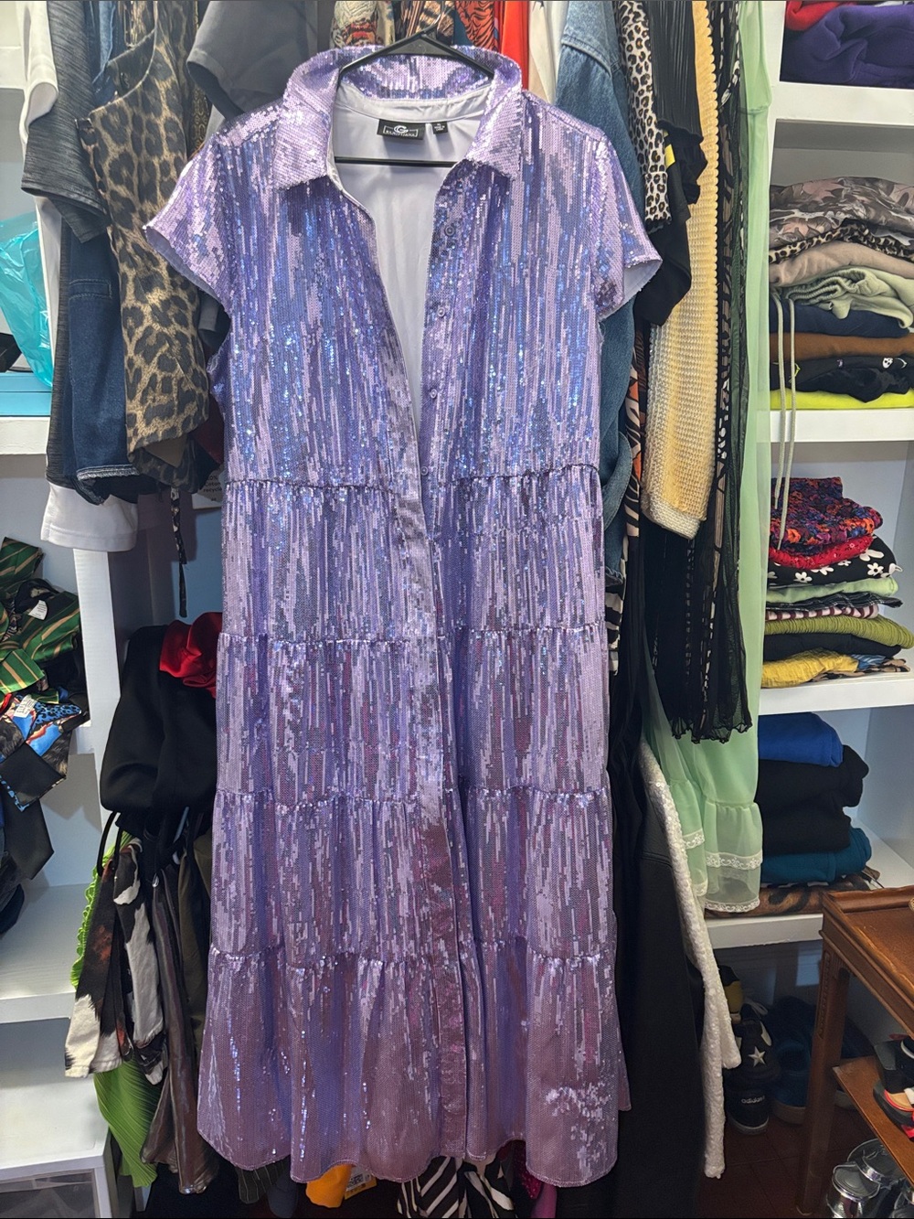 Sequined Lavender Maxi Dress with Collared V-Neck